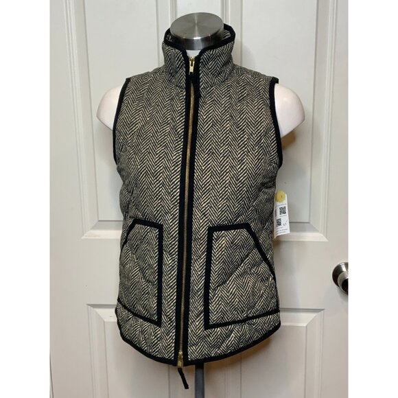 J. Crew Black & Tan Chevron Print Zip-Up Quilted Down Puffer Vest, Size XXS - Picture 1 of 7